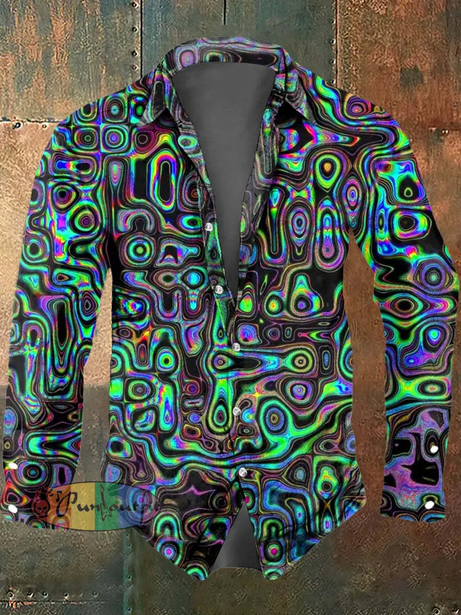 Men’s Color Abstract Print Polo Collar Casual Long Sleeved Shirt Green / S