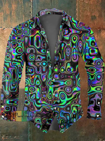 Men’s Color Abstract Print Polo Collar Casual Long Sleeved Shirt Green / S