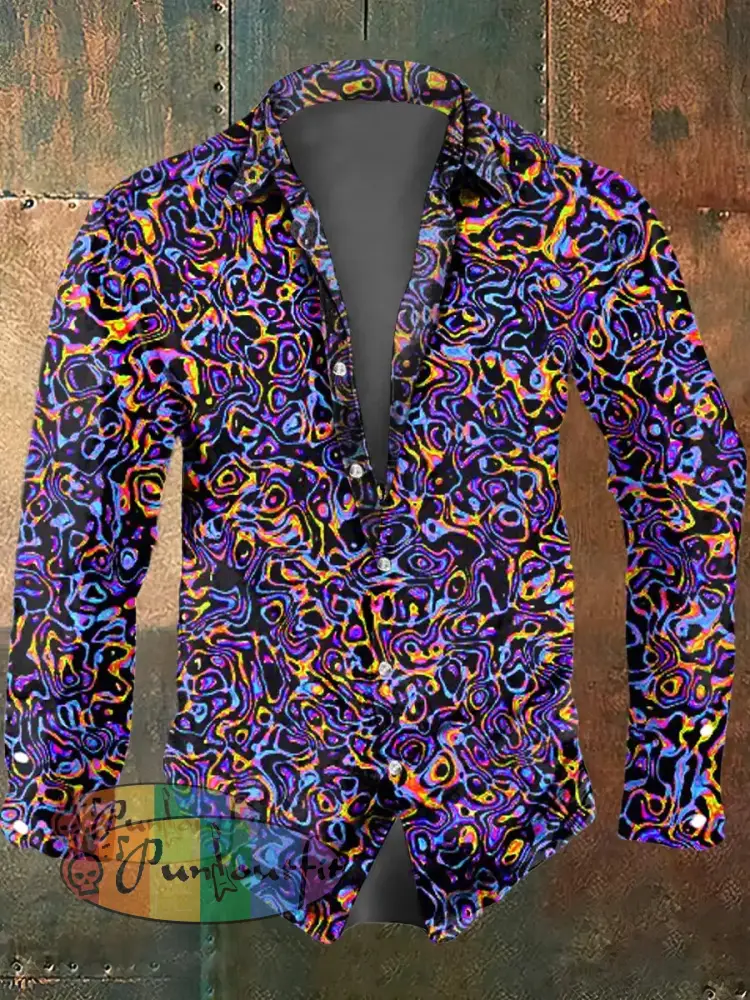 Men’s Color Abstract Print Polo Collar Casual Long Sleeved Shirt Purple / S