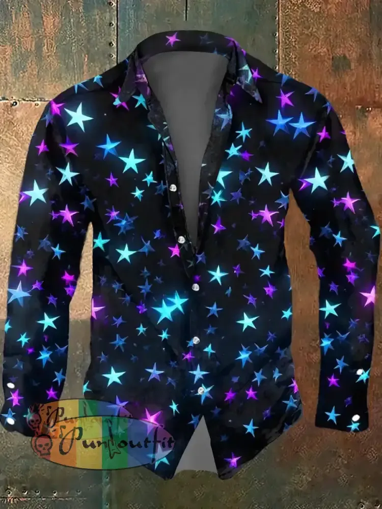 Men’s Color Abstract Psychedelic Star Print Casual Long Sleeved Shirt Colorful / S
