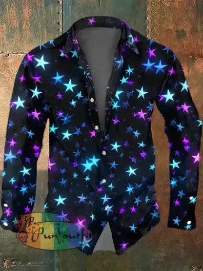 Men’s Color Abstract Psychedelic Star Print Casual Long Sleeved Shirt Colorful / S