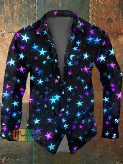 Men’s Color Abstract Psychedelic Star Print Casual Long Sleeved Shirt Colorful / S