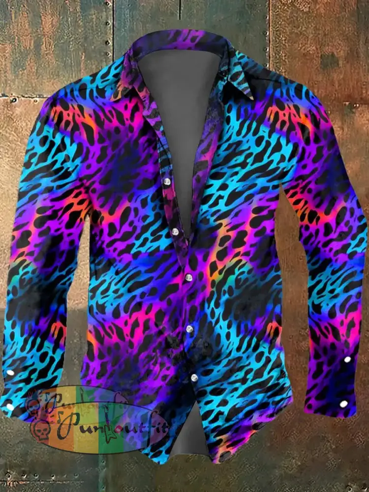 Men’s Color Leopard Print Casual Long Sleeved Shirt Colorful / S