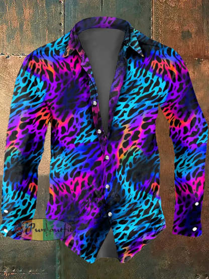 Men’s Color Leopard Print Casual Long Sleeved Shirt Colorful / S