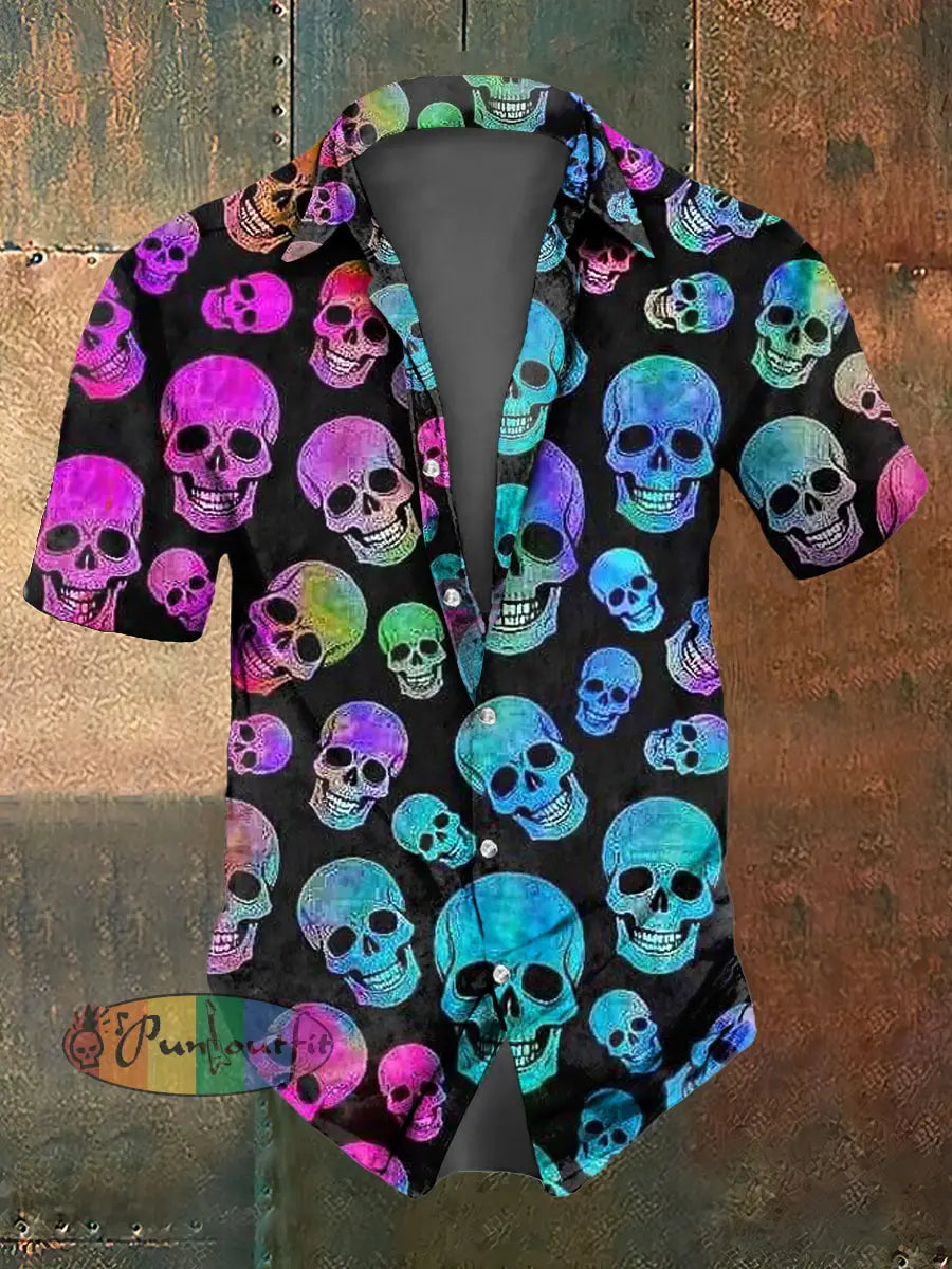 Men’s Color Skull Print Casual Short Sleeved Shirt Colorful / S