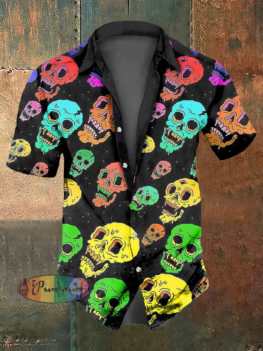 Men’s Color Skull Print Casual Short Sleeved Shirt Colorful / S