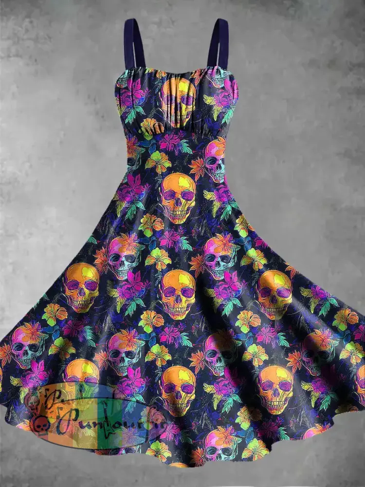 Men’s Color Skull Print Casual Short Sleeved Shirt Dress / S