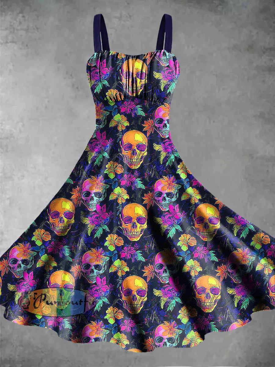 Women’s Abstract Psychedelic Skull Printed Sleeveless Camisole Dress Colorful / S