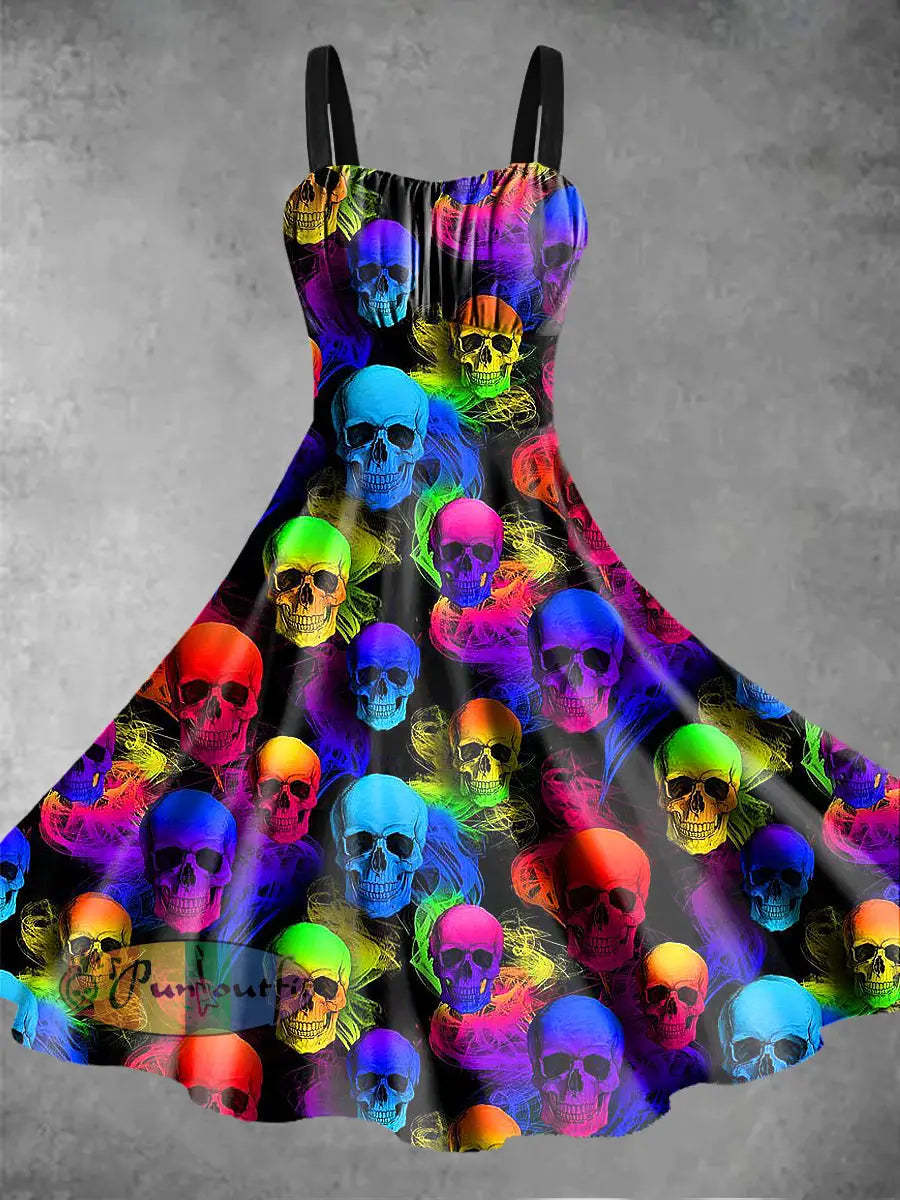 Men’s Color Skull Print Casual Short Sleeved Shirt Dress / S