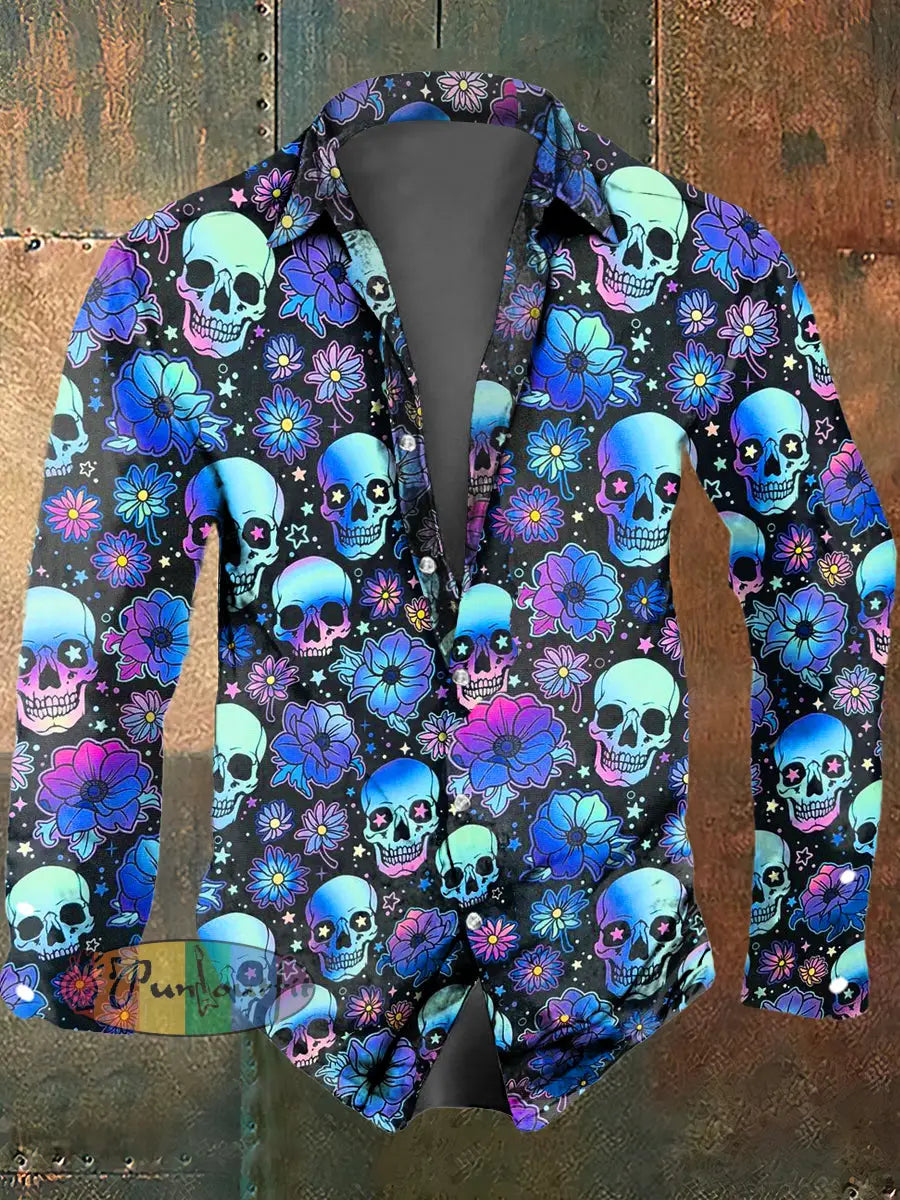 Men’s Color Skull Print Casual Short Sleeved Shirt Long Sleeved Shirt / S