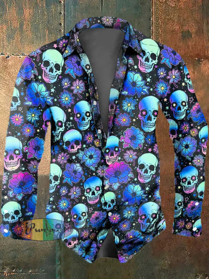 Men’s Color Skull Print Casual Short Sleeved Shirt Long Sleeved Shirt / S