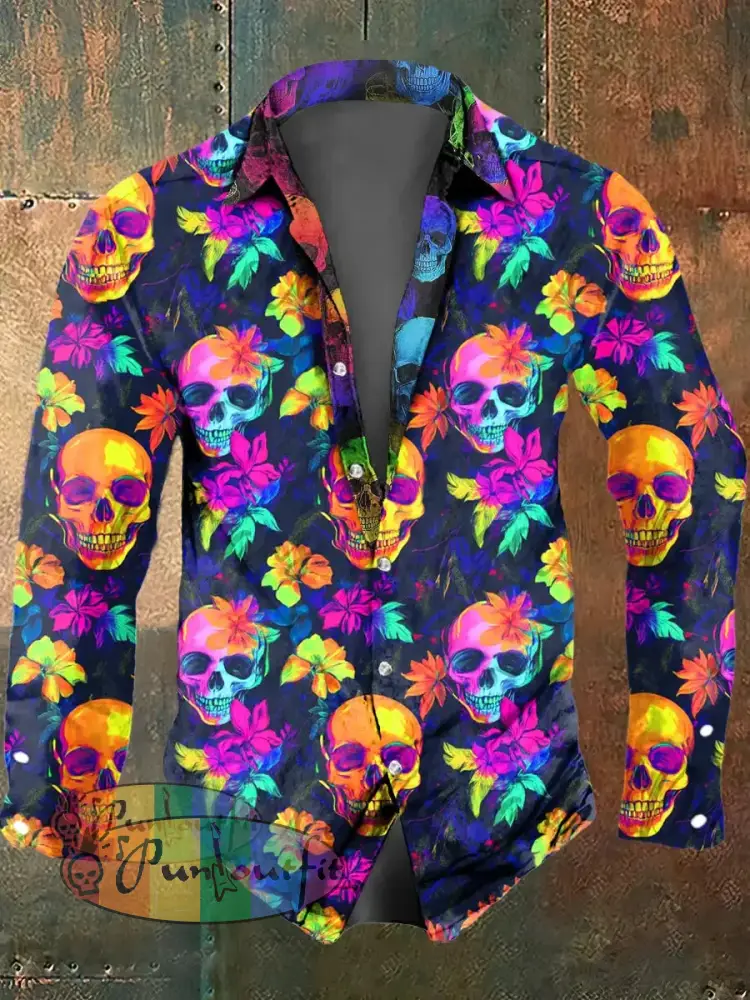 Men’s Color Skull Print Casual Short Sleeved Shirt Long Sleeved Shirt / S