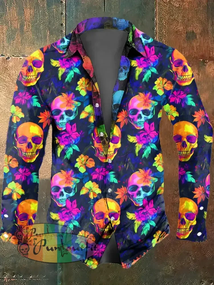 Men’s Color Skull Print Casual Short Sleeved Shirt Long Sleeved Shirt / S