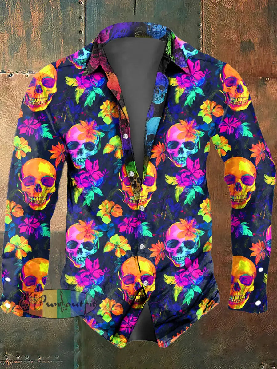 Men’s Color Psychedelic Skull Print Casual Long Sleeved Shirt Colorful / S