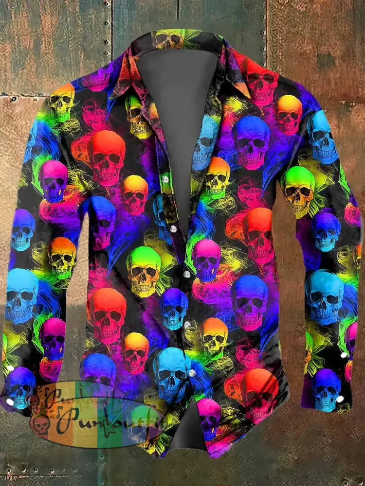 Men’s Color Skull Print Casual Short Sleeved Shirt Long Sleeved Shirt / S