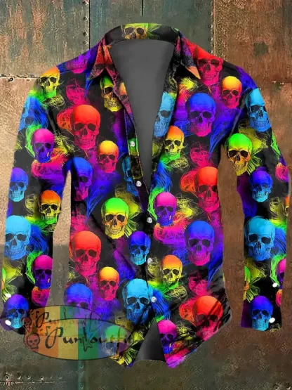 Men’s Color Skull Print Casual Short Sleeved Shirt Long Sleeved Shirt / S