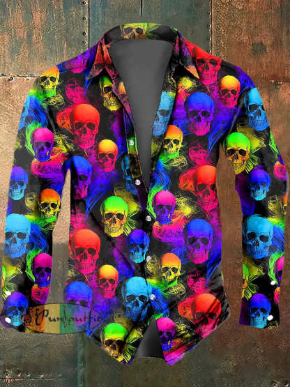 Men’s Color Skull Print Casual Short Sleeved Shirt Long Sleeved Shirt / S
