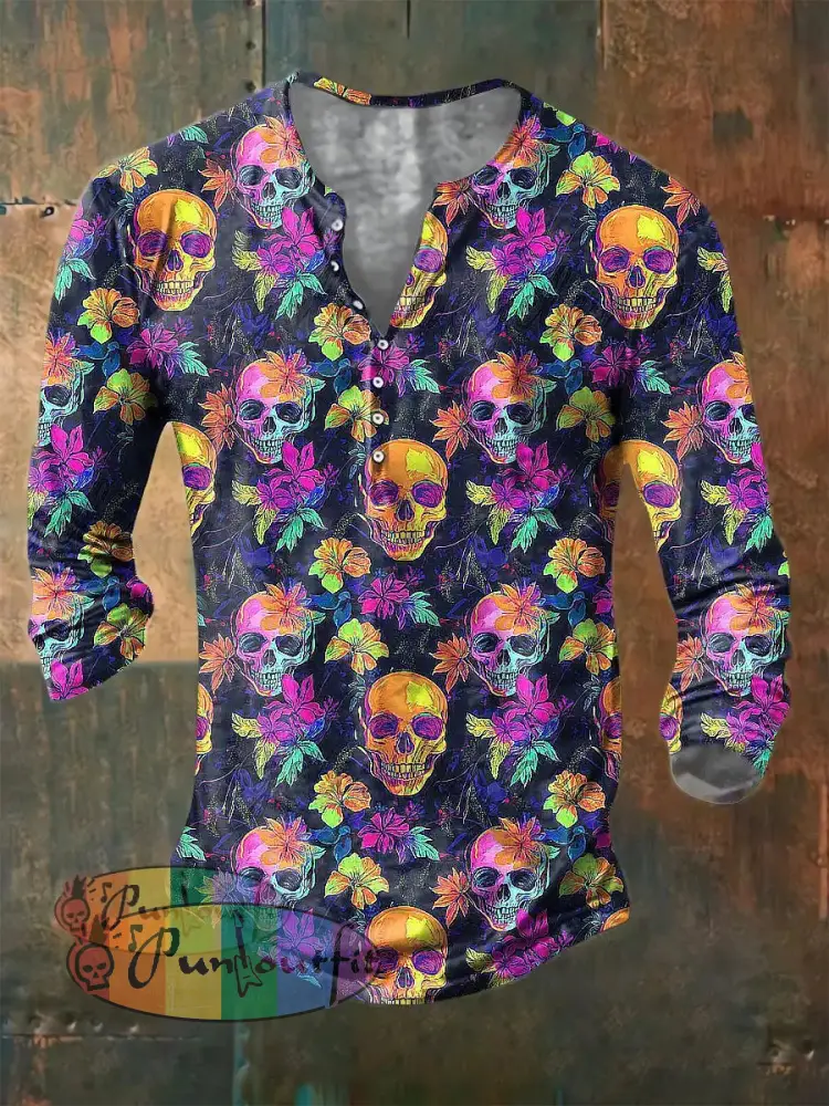 Men’s Color Skull Print Casual Short Sleeved Shirt Long Sleeve Button Henley Shirt / S
