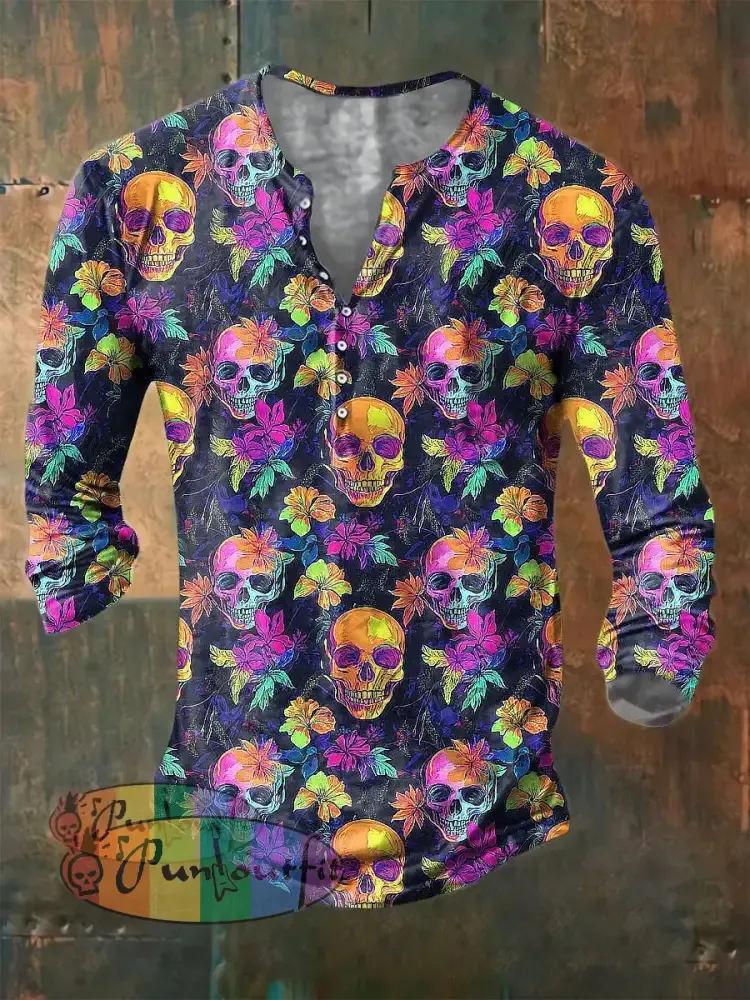 Men’s Color Skull Print Casual Short Sleeved Shirt Long Sleeve Button Henley Shirt / S
