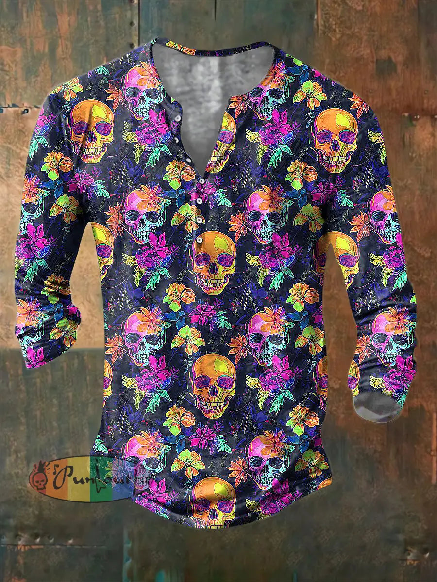 Men’s Psychedelic Skull Print Long Sleeve Button Henley Shirt Colorful / S