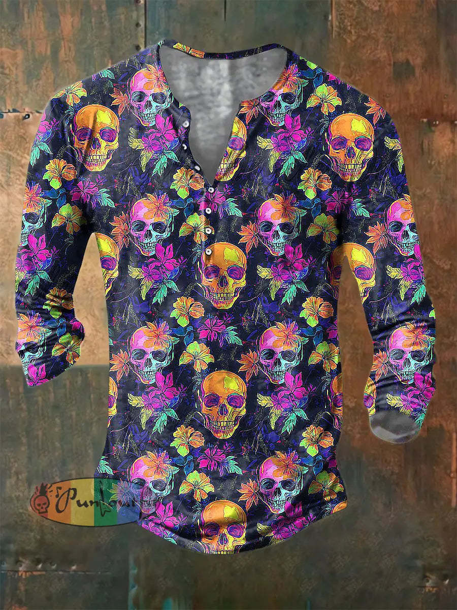 Men’s Color Skull Print Casual Short Sleeved Shirt Long Sleeve Button Henley Shirt / S