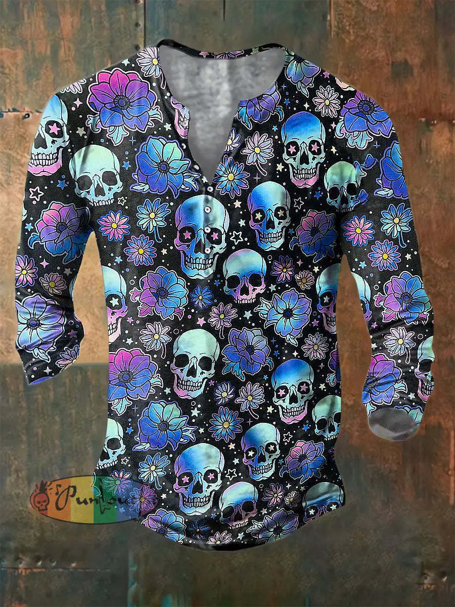 Men’s Color Skull Print Casual Short Sleeved Shirt Long Sleeve Button Henley Shirt / S