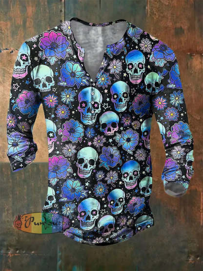 Men’s Color Skull Print Casual Short Sleeved Shirt Long Sleeve Button Henley Shirt / S