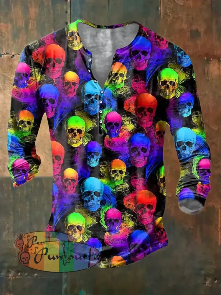 Men’s Color Skull Print Casual Short Sleeved Shirt Long Sleeve Button Henley Shirt / S