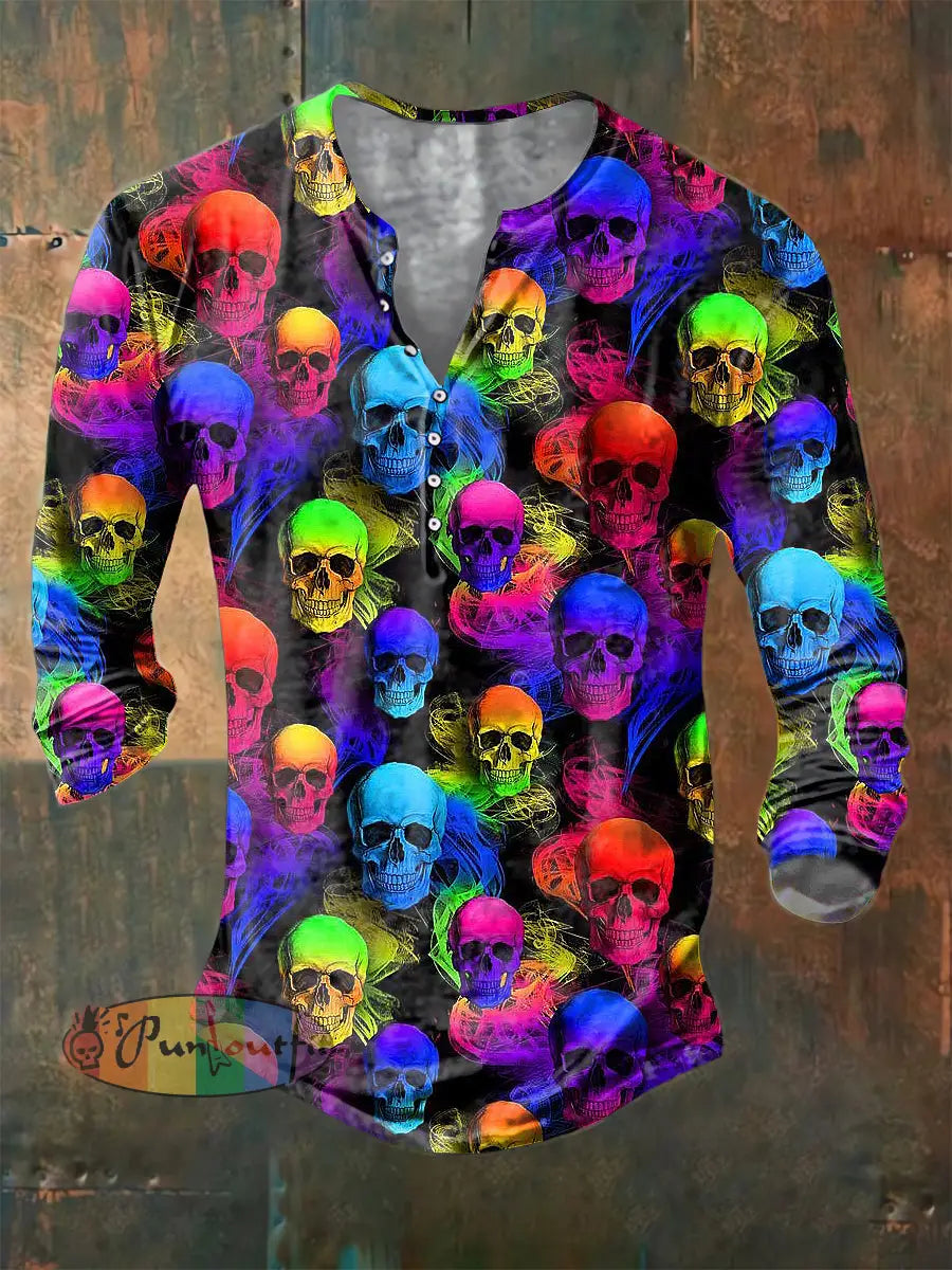 Men’s Color Skull Print Casual Short Sleeved Shirt Long Sleeve Button Henley Shirt / S