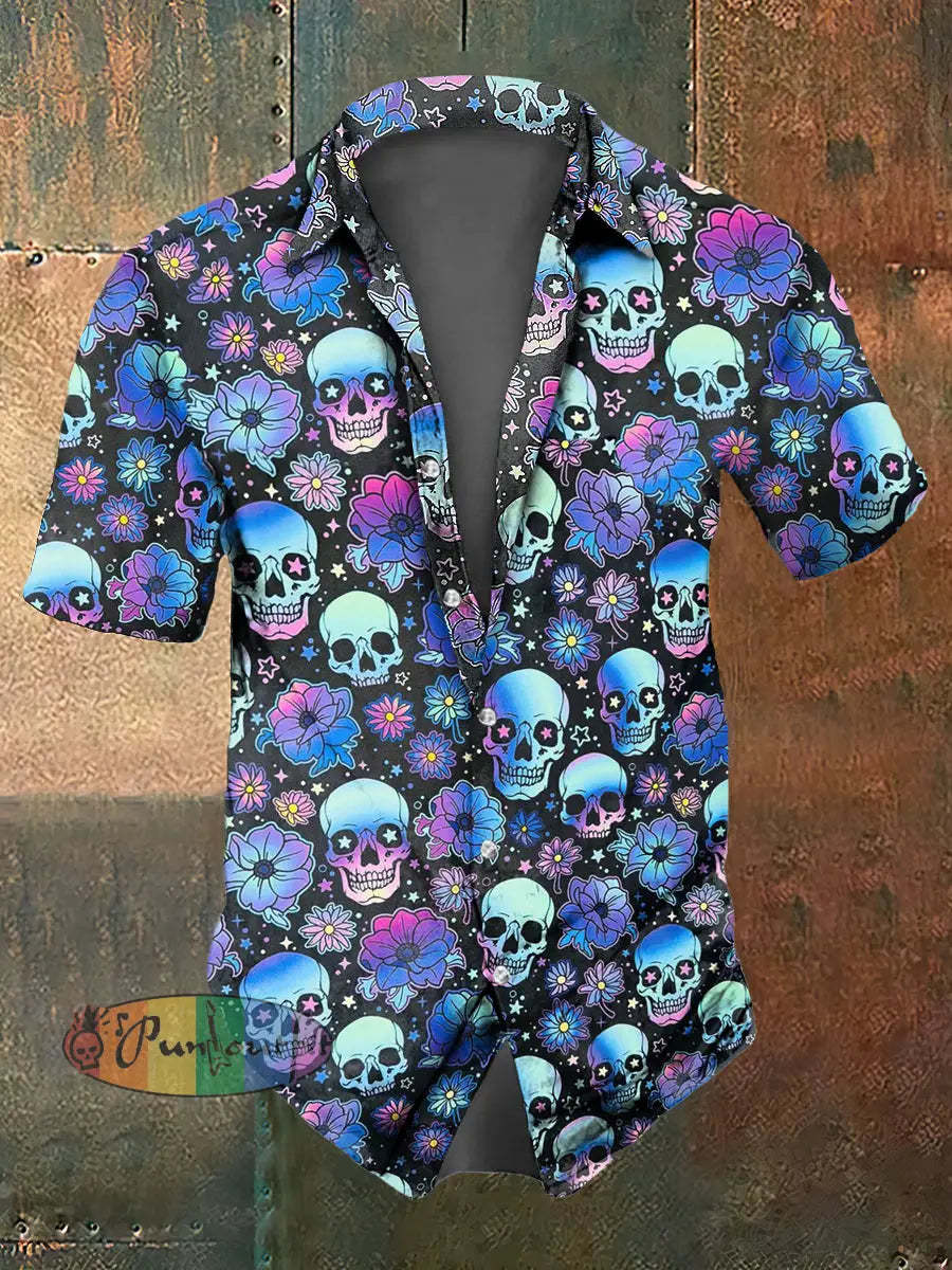Men’s Color Skull Print Casual Short Sleeved Shirt Blue / S
