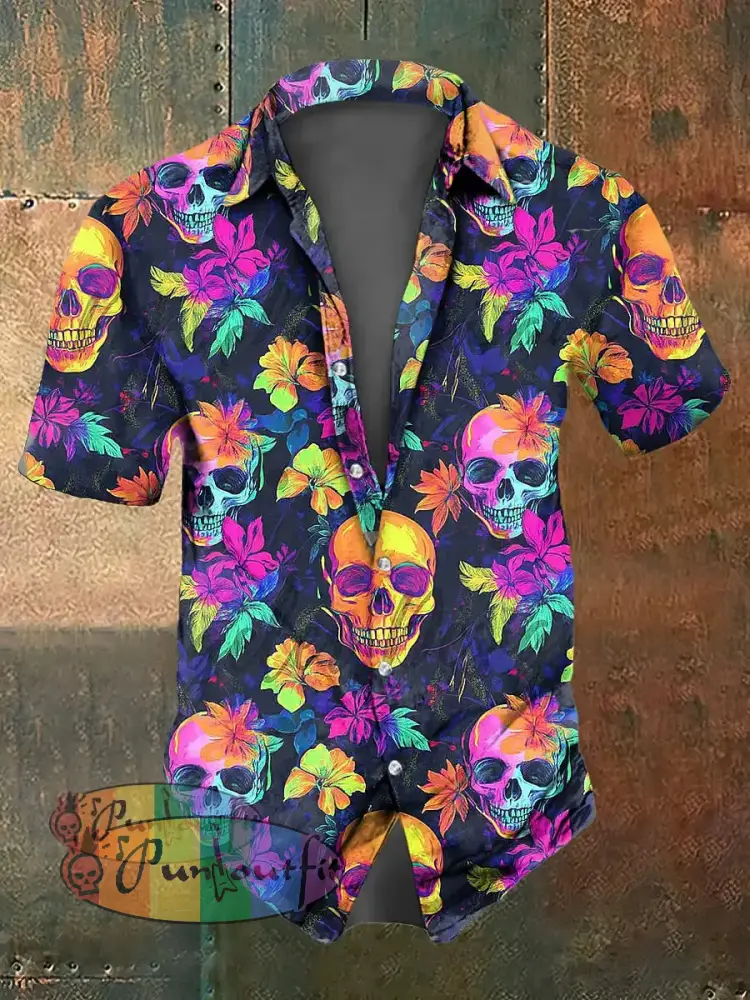 Men’s Color Skull Print Casual Short Sleeved Shirt Colorful / S