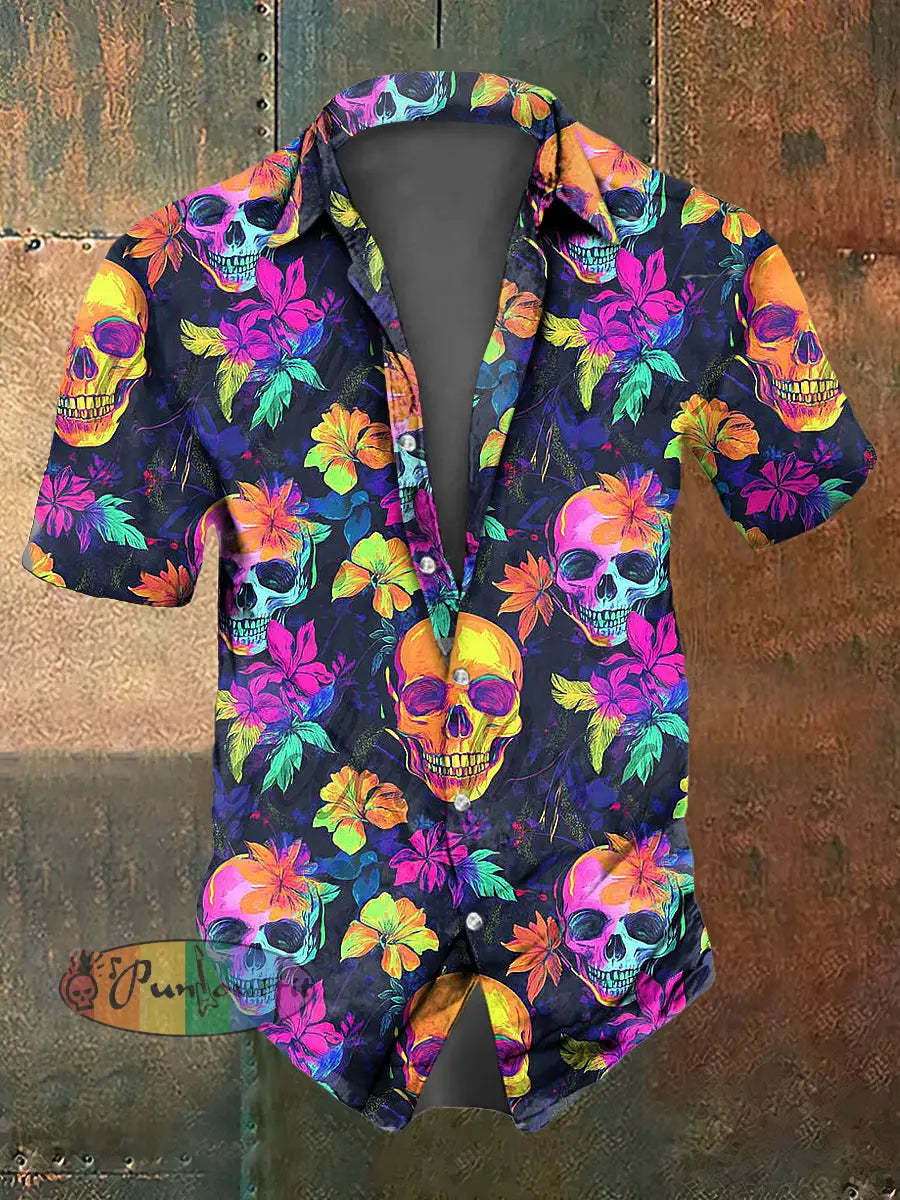 Men’s Color Skull Print Casual Short Sleeved Shirt Colorful / S