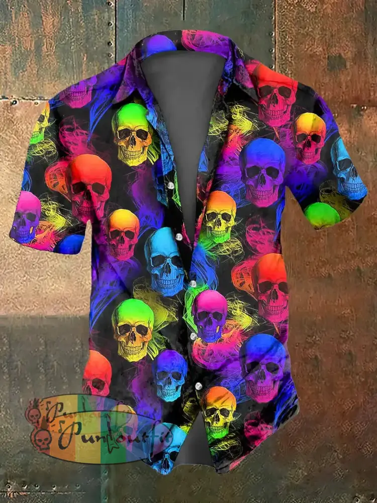 Men’s Color Skull Print Casual Short Sleeved Shirt Colorful / S