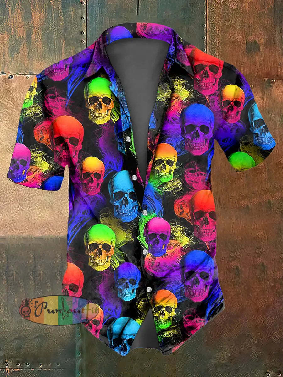 Men’s Color Skull Print Casual Short Sleeved Shirt Colorful / S