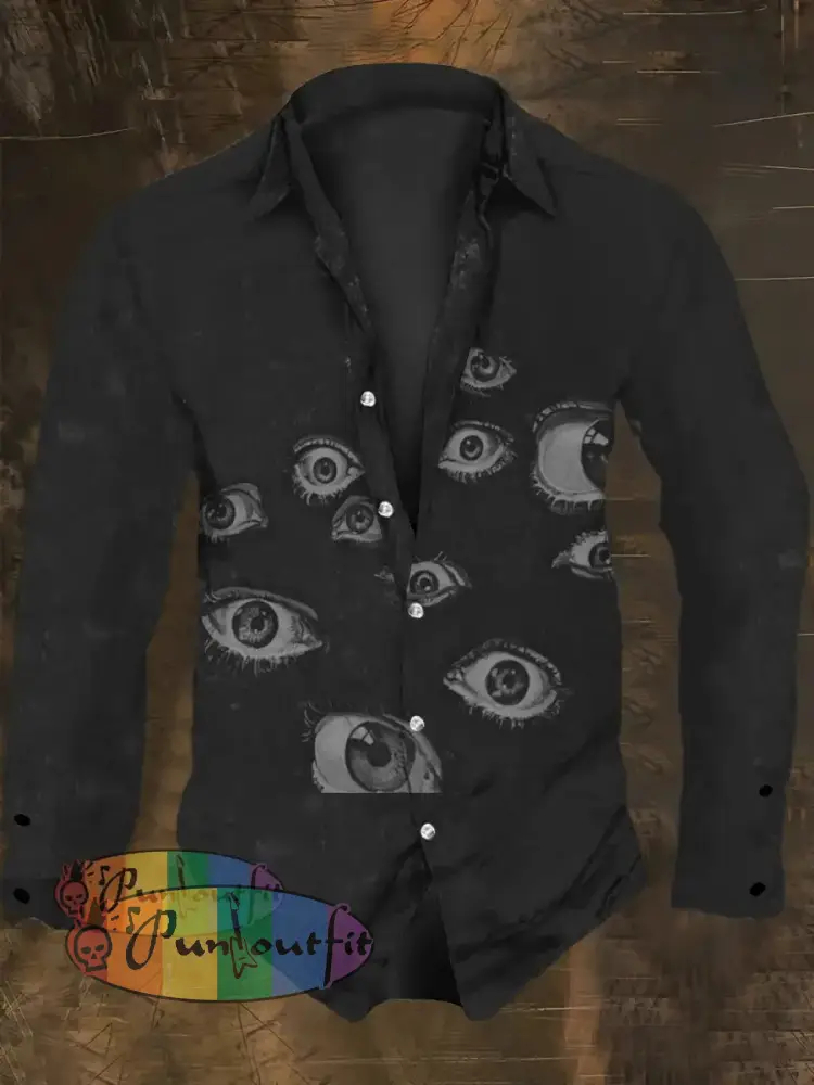 Men’s Fantasy Eyes Print Casual Shirt Long Sleeve Black / S