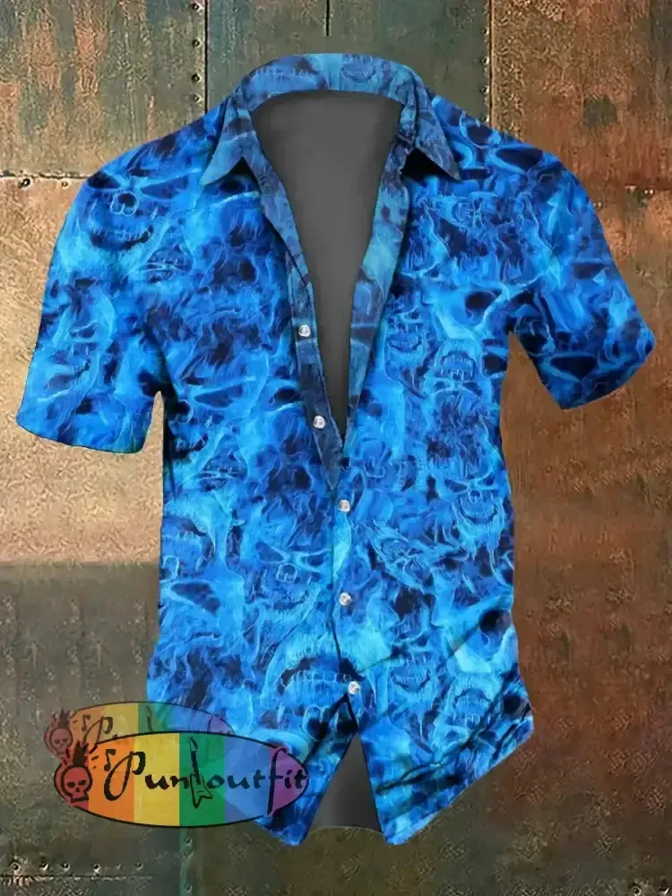 Men’s Flame Skull Print Casual Short Sleeved Shirt Blue / S