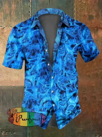 Men’s Flame Skull Print Casual Short Sleeved Shirt Blue / S