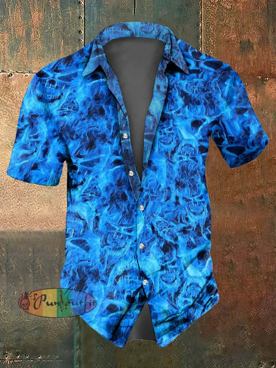 Men’s Flame Skull Print Casual Short Sleeved Shirt Blue / S