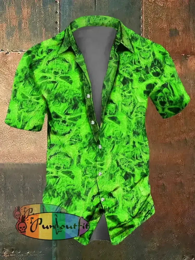 Men’s Flame Skull Print Casual Short Sleeved Shirt Short Sleeved Shirt Green / S