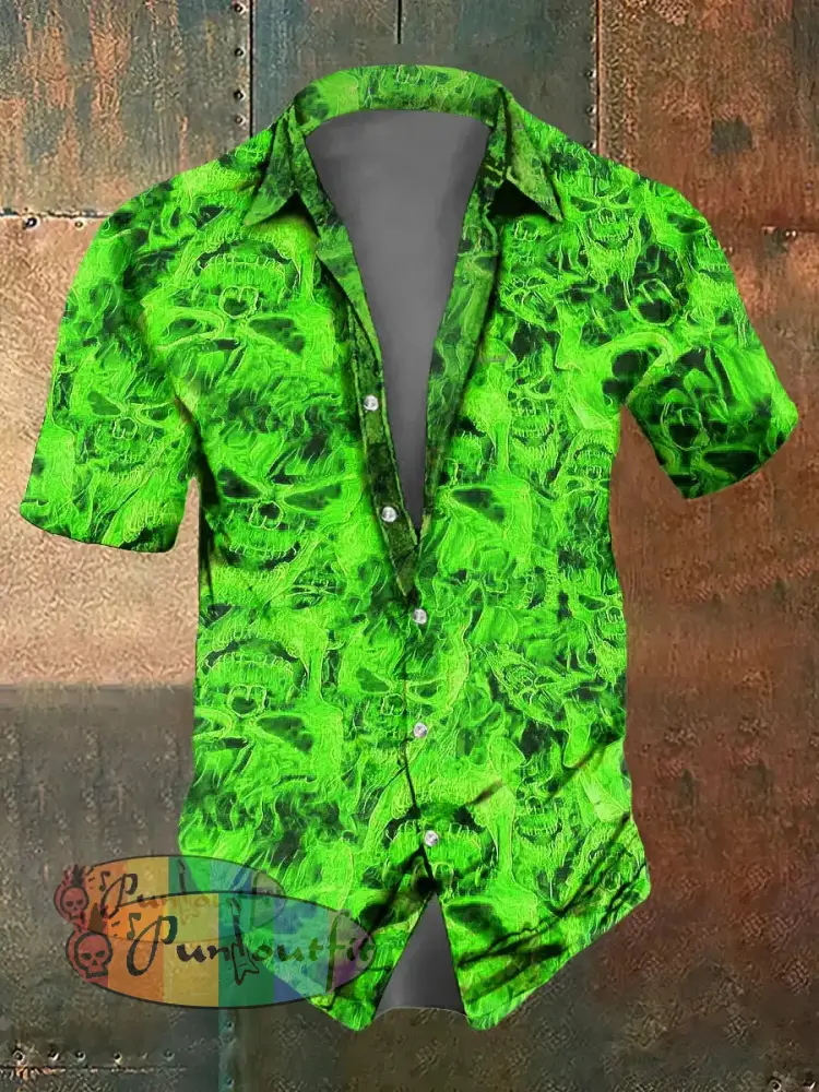 Men’s Flame Skull Print Casual Short Sleeved Shirt Short Sleeved Shirt Green / S