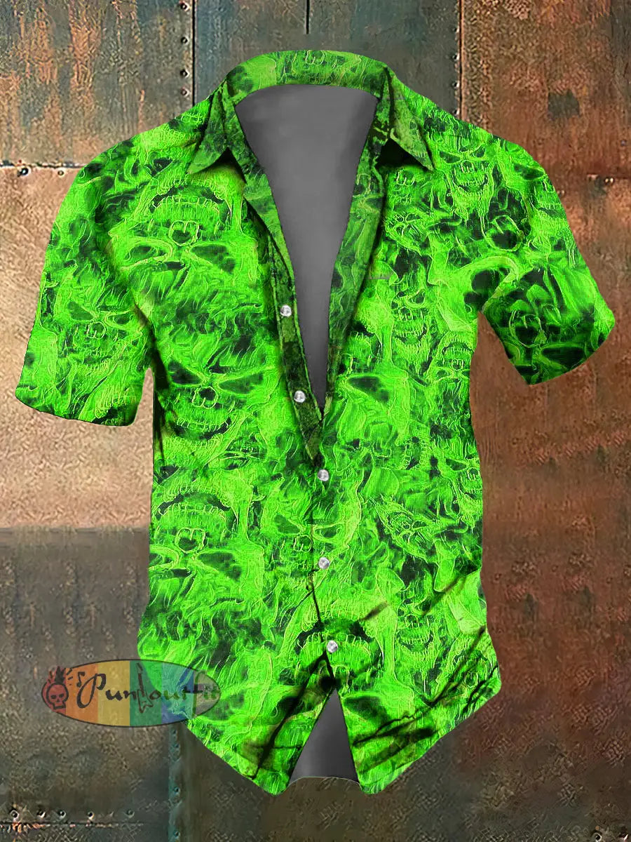 Men’s Abstract Psychedelic Fluorescence Skull Print Casual Short Sleeved Shirt Green / S