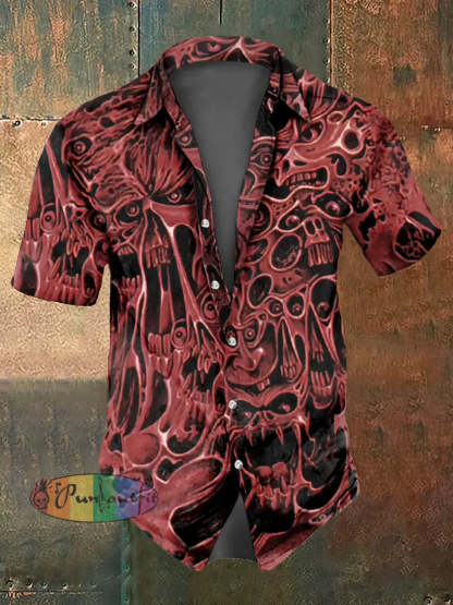 Men’s Flame Skull Print Casual Short Sleeved Shirt Light Red / S