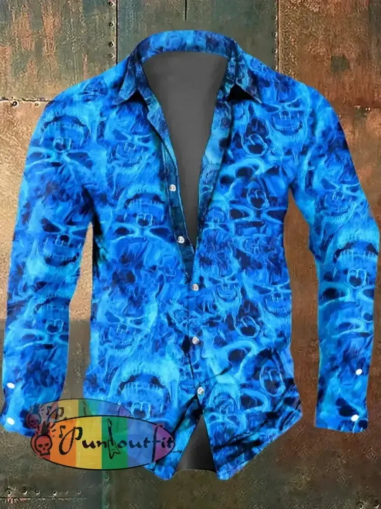 Men’s Flame Skull Print Casual Short Sleeved Shirt Long Sleeved Shirt / S
