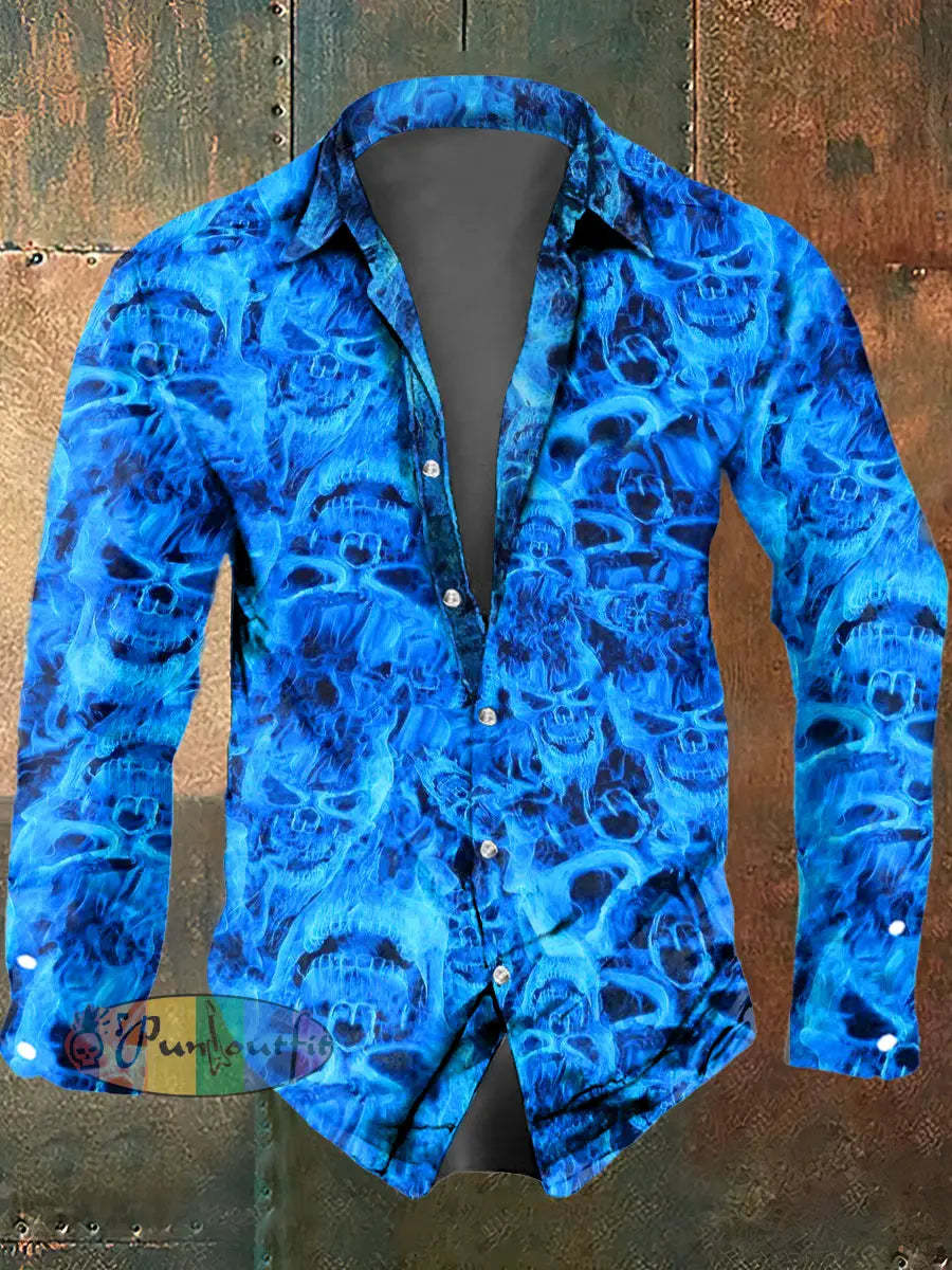 Men’s Flame Skull Print Casual Short Sleeved Shirt Long Sleeved Shirt / S