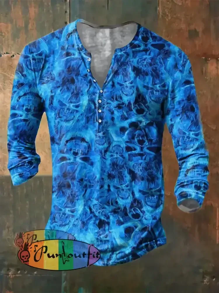 Men’s Flame Skull Print Casual Short Sleeved Shirt Long Sleeve Button Henley Shirt / S