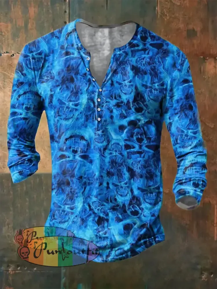Men’s Flame Skull Print Casual Short Sleeved Shirt Long Sleeve Button Henley Shirt / S