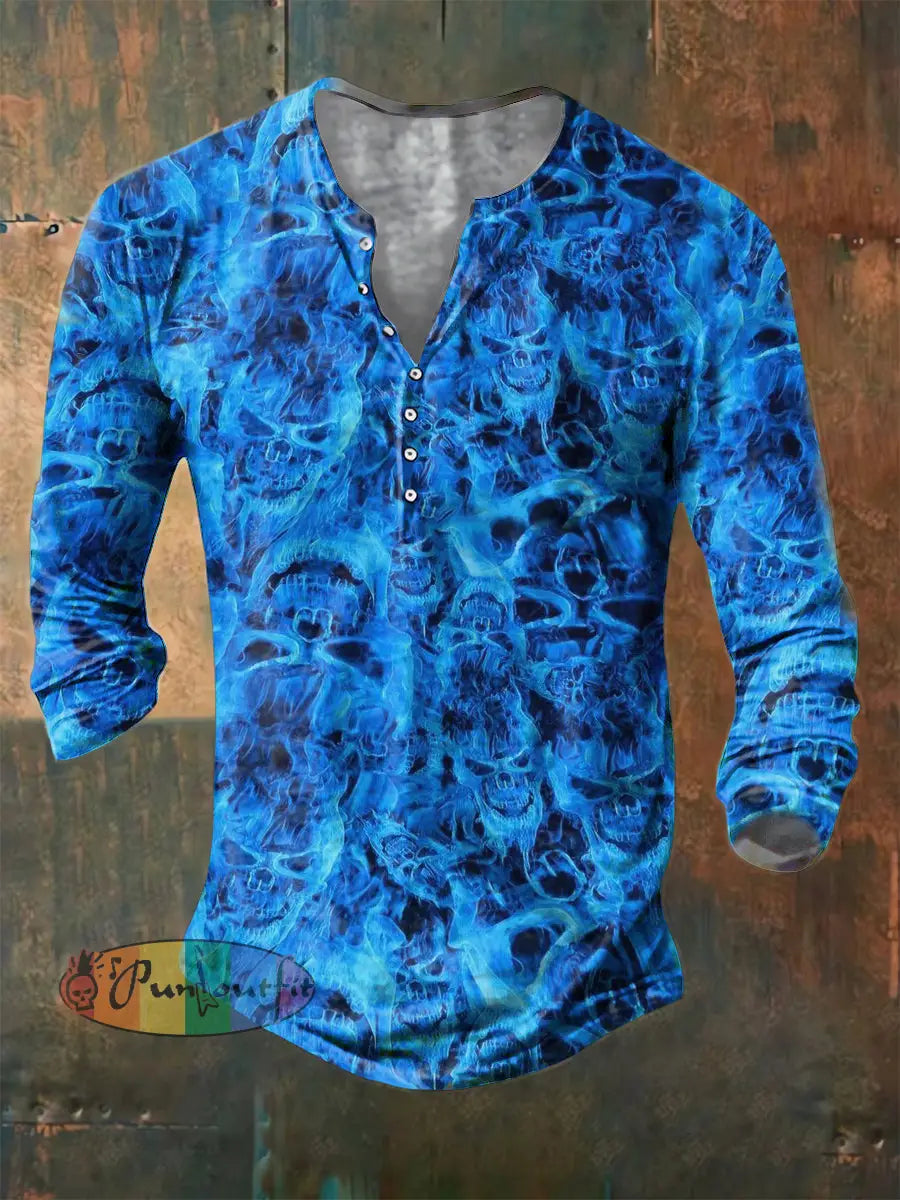 Men’s Flame Skull Print Casual Short Sleeved Shirt Long Sleeve Button Henley Shirt / S
