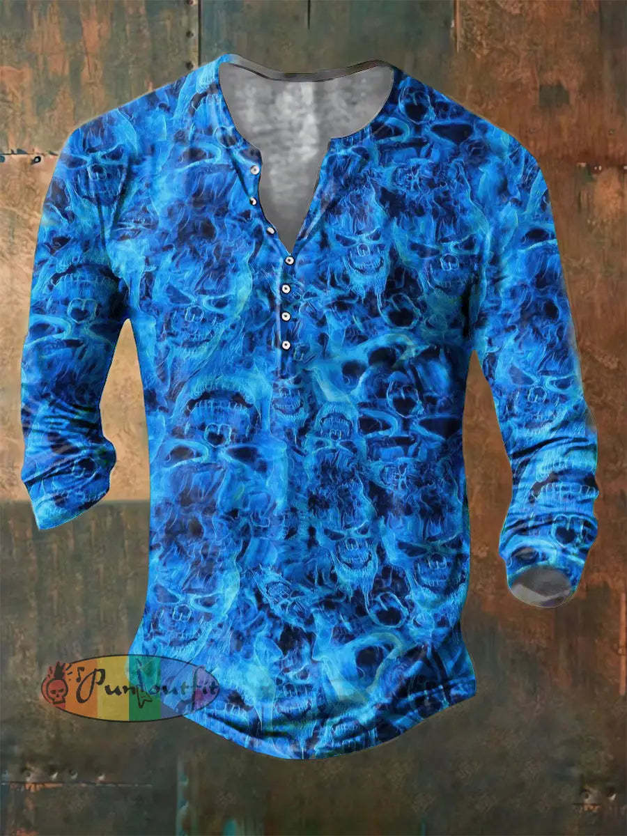 Men’s Flame Skull Print Casual Short Sleeved Shirt Long Sleeve Button Henley Shirt / S