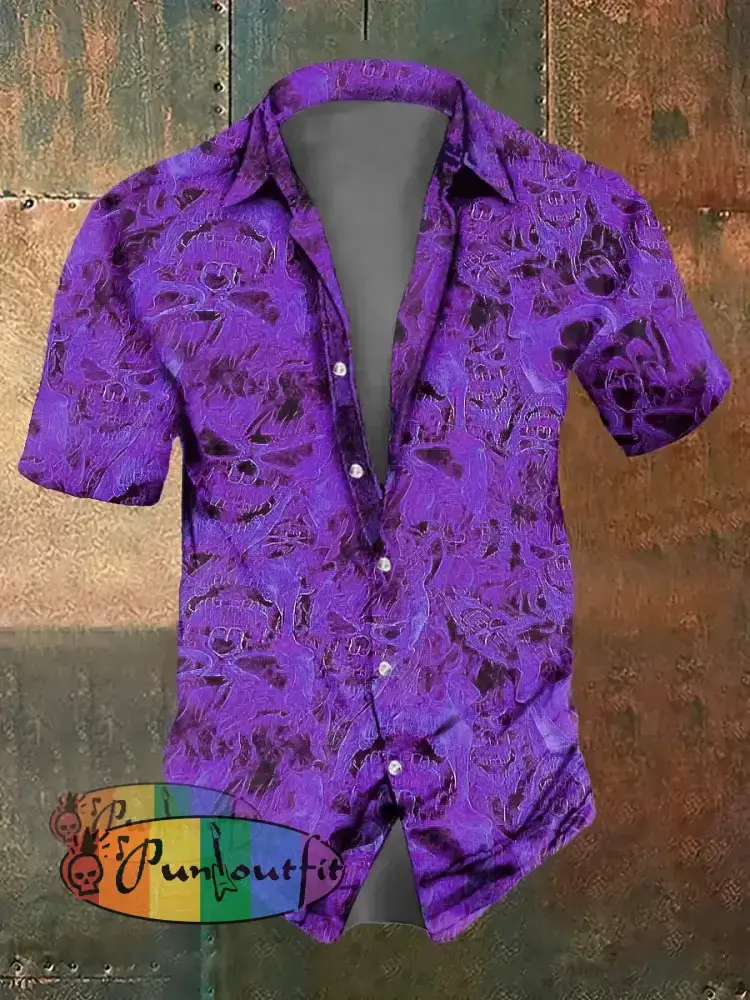 Men’s Flame Skull Print Casual Short Sleeved Shirt Short Sleeved Shirt Purple / S