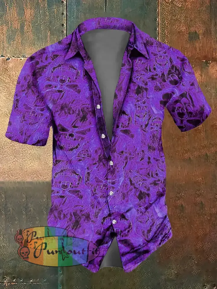 Men’s Flame Skull Print Casual Short Sleeved Shirt Short Sleeved Shirt Purple / S